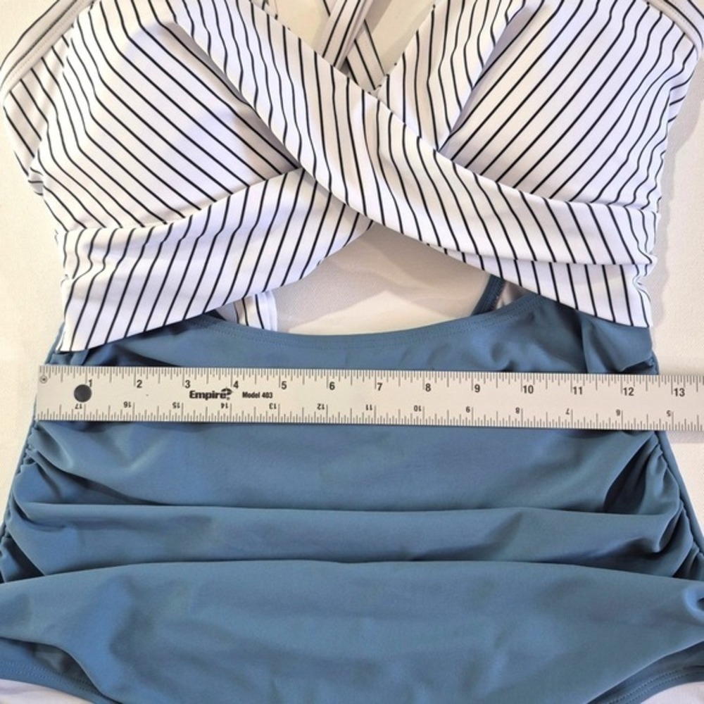 Eomenie Womens One Piece Swimsuit Blue White Striped Ruched Tummy Control Large - Picture 3 of 6